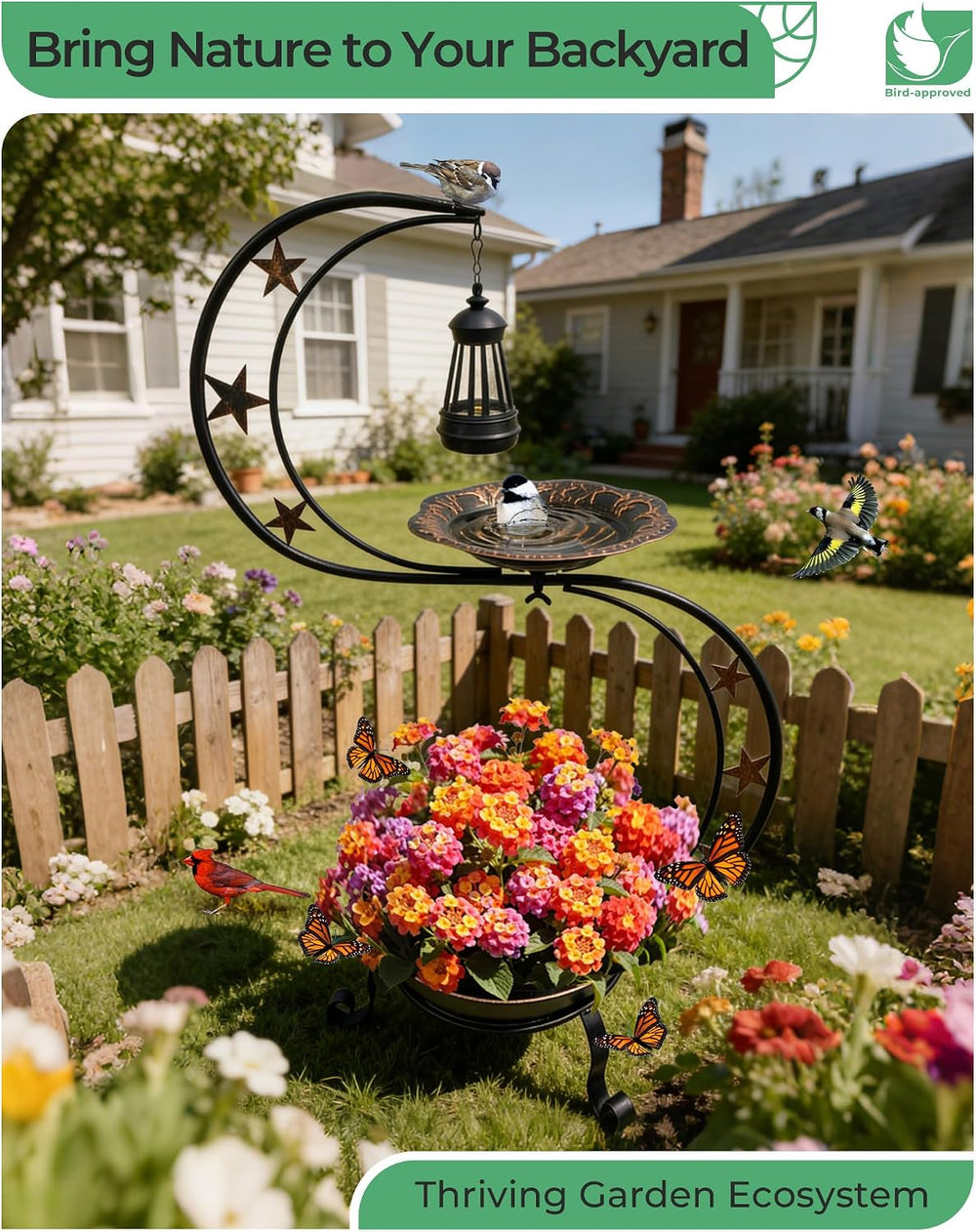 Solar Bird Bath with Flower Planter, S Standing Garden Decor