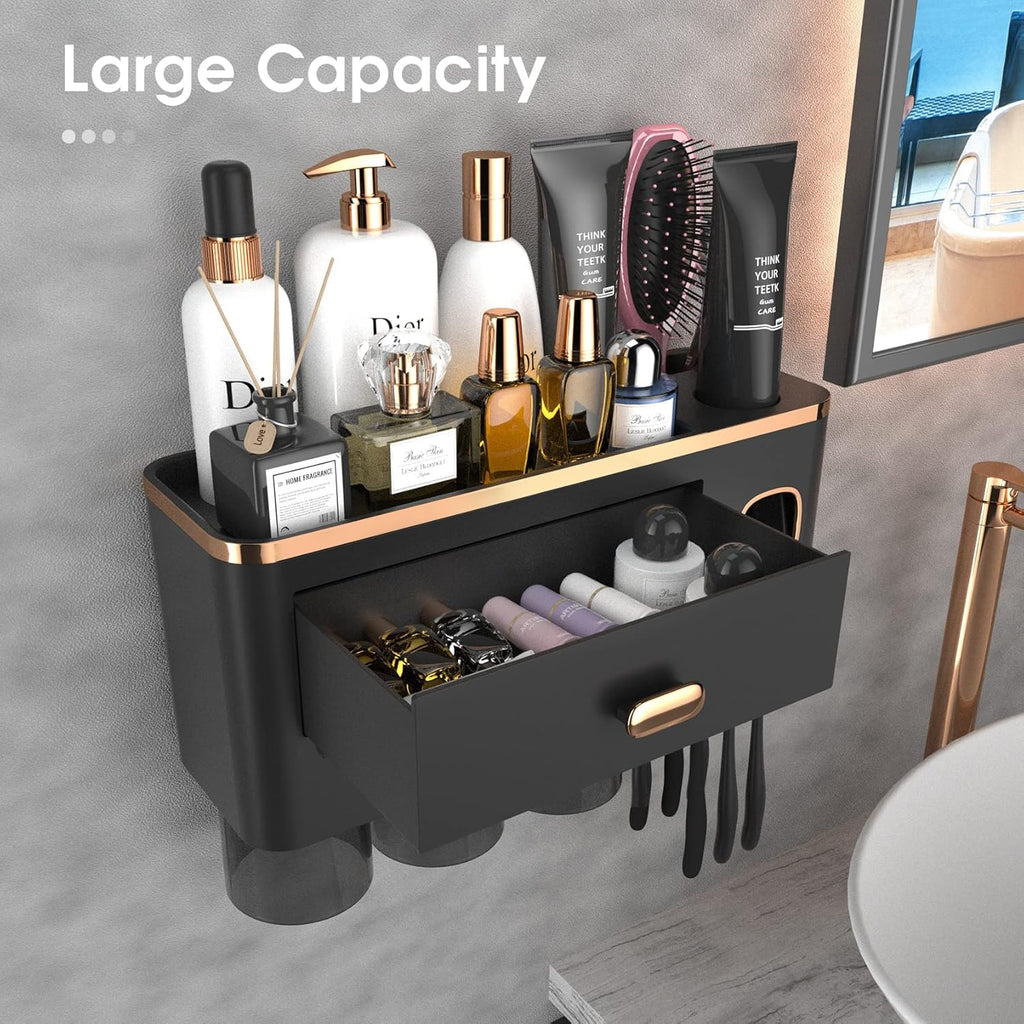 iHave Toothbrush Holders for Bathrooms - Upgrade Wall Mounted Toothbrush Holder with Toothpaste Dispenser - 3 Cups, Large Capacity Tray - Bathroom Accessories & Bathroom Storage