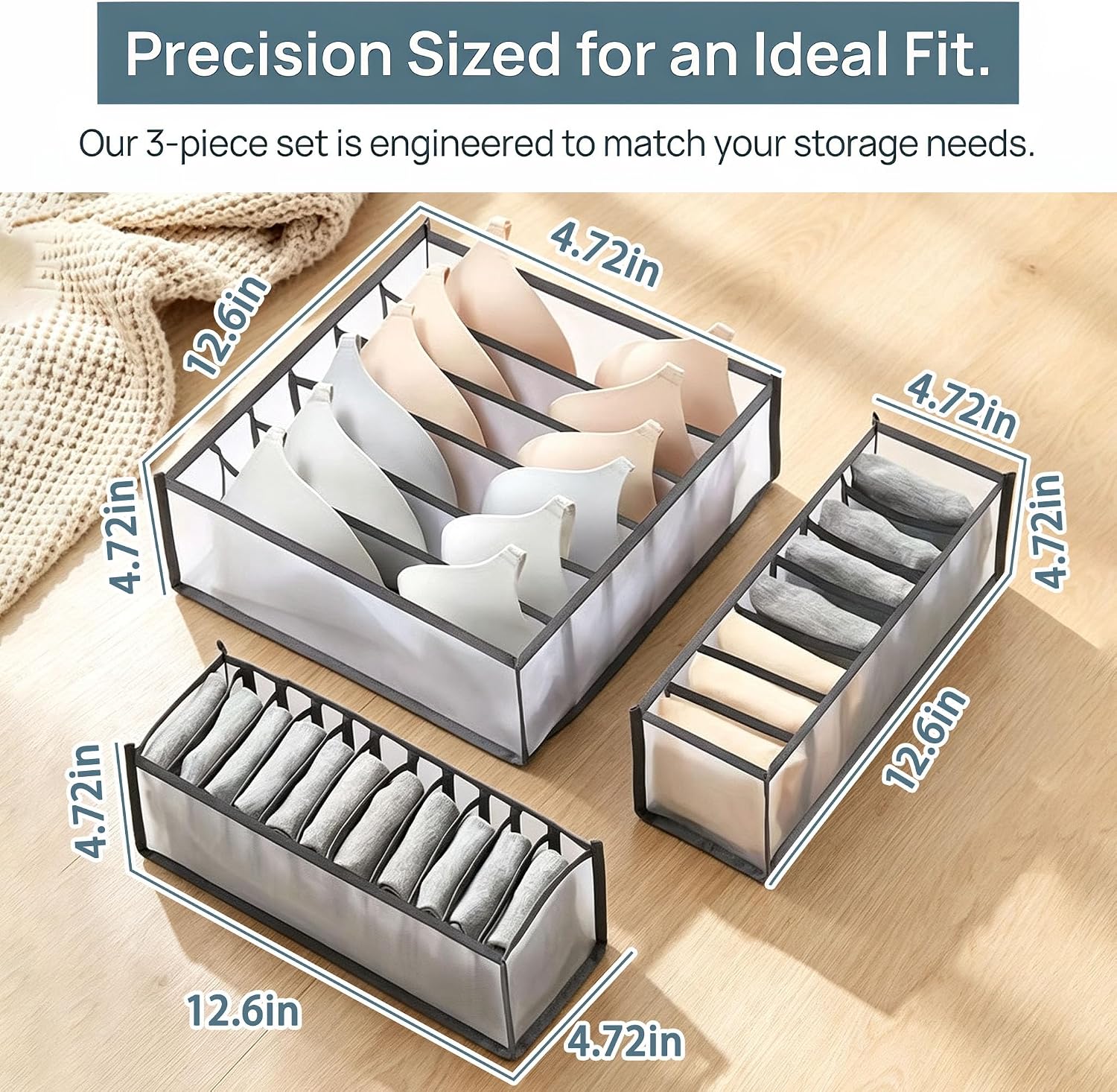 3 Pack Underwear Drawer Organizer - Foldable Fabric Storage Bins for Dresser & Closet, Sock and Bra Dividers, 3 Sizes for Bedroom Organization (Gray）