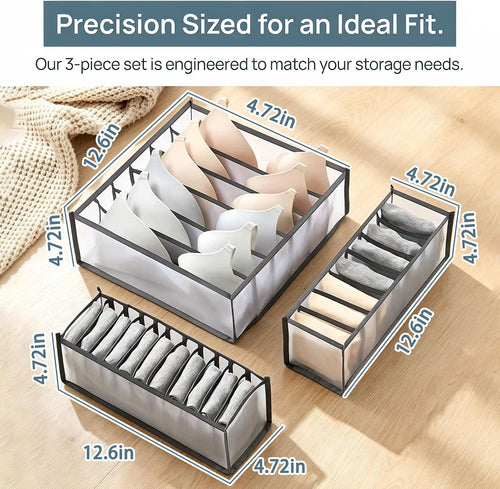3 Pack Underwear Drawer Organizer - Foldable Fabric Storage Bins for Dresser & Closet, Sock and Bra Dividers, 3 Sizes for Bedroom Organization (Gray）