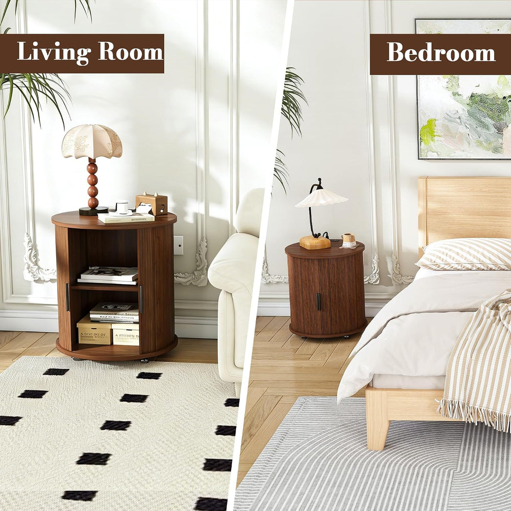 Walnut Nightstand Set of 2 with Charging Station, Mid-Century Round | Each ta...