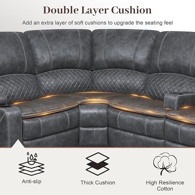 Manual Reclining Sectional Sofa Set, 5 Seats Soft Dutch Velvet Recliner Corner Sectional Couch, Family-Sized L-Shaped Recliner Couch with USB Charging, Thickened Padding, Sturdy Frame, Grey