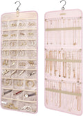 BAGSMART Hanging Jewelry Organizer Storage Roll with Hanger Metal Hooks Double-Sided Jewelry Holder for Earrings, Necklaces, Rings on Closet, Wall, Door, 1 piece, Large, Pink