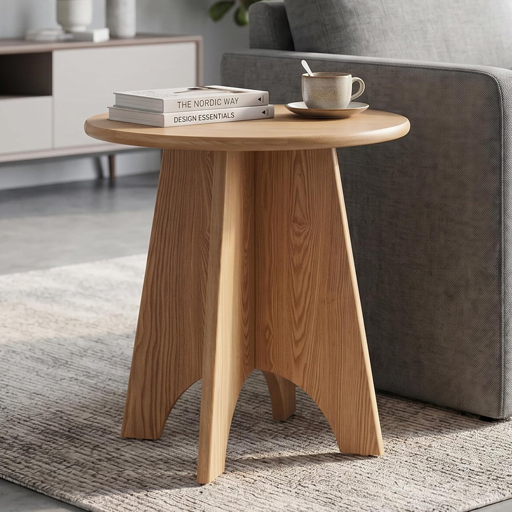 Round Side Table with Unique Panel Leg Design, Sturdy Nightstand for Bedroom,...