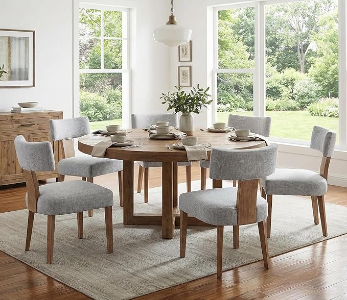 Linen Dining Chairs Set of 6, Modern Dining Chair with Wood Legs, Upholstered Dining Chairs for Dining Room, Kitchen, Vanity, Living Room, Grey