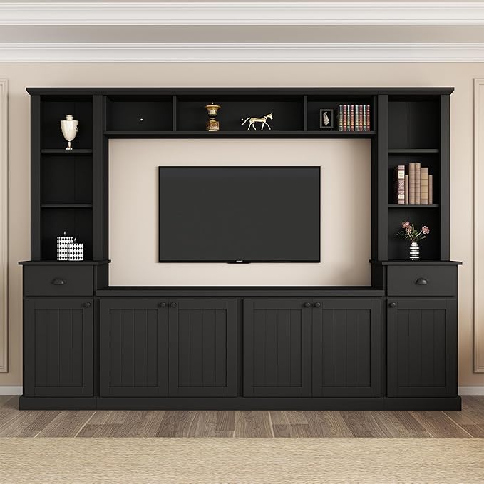 Ball & Cast TV Stand with Cabinets for TVs up to 75",Wall Unit Entertainment Center with Storage and Open Shelves,Modern Media TV Console with 2 Drawers for Living Room,Black