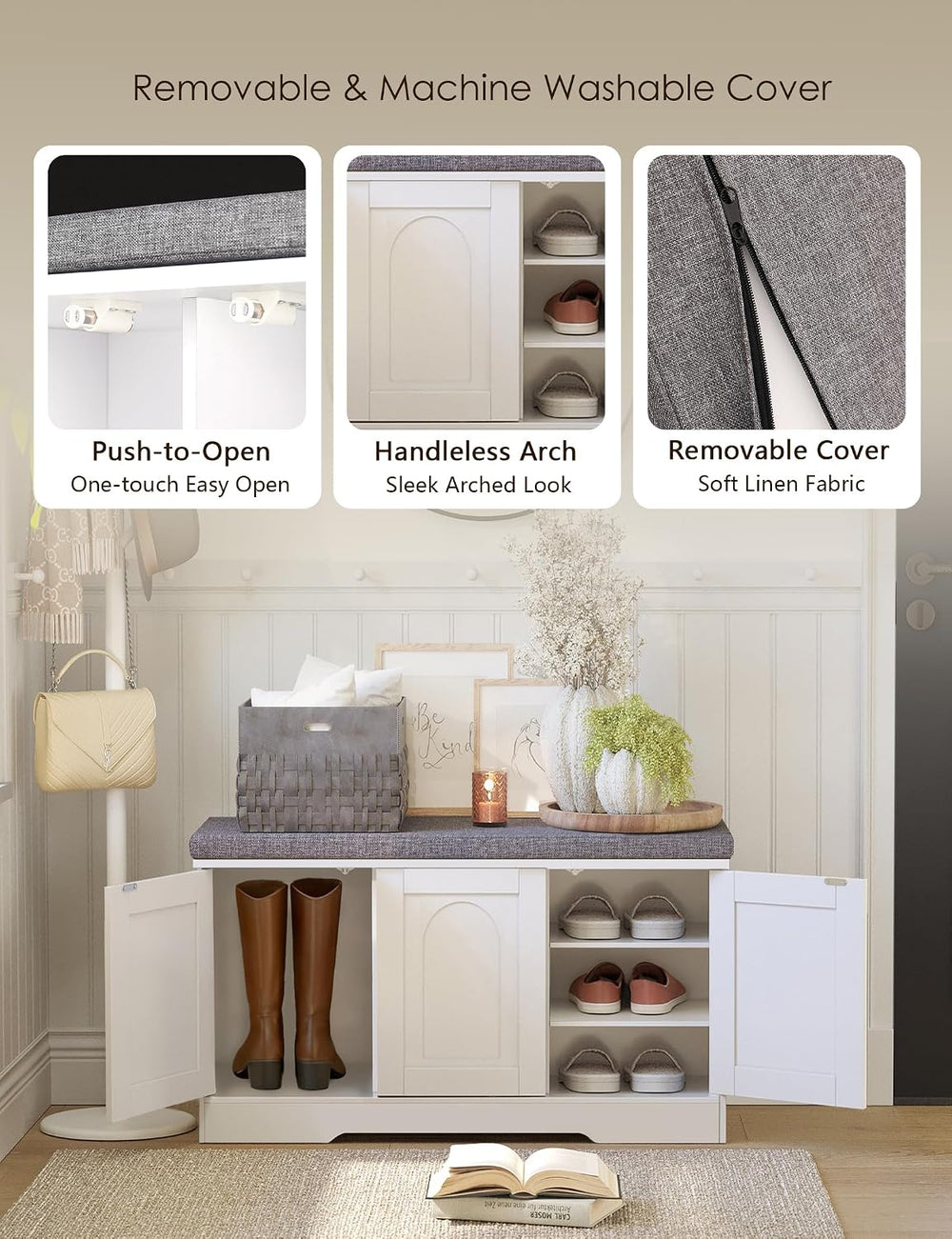 DINZI LVJ Shoe Bench, Entryway Storage Bench with Doors, Cushion, 3-Tier Shoe...
