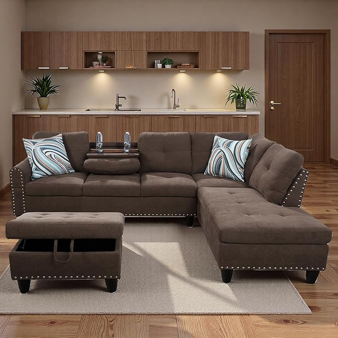 Sectional Couches for Living Room with Movable Chaise & Storage Ottoman - 97.5" Linen L Shaped Couches for Living Room Apartment, Home Modular Sectional Sofas with Cup Holder, Coffee