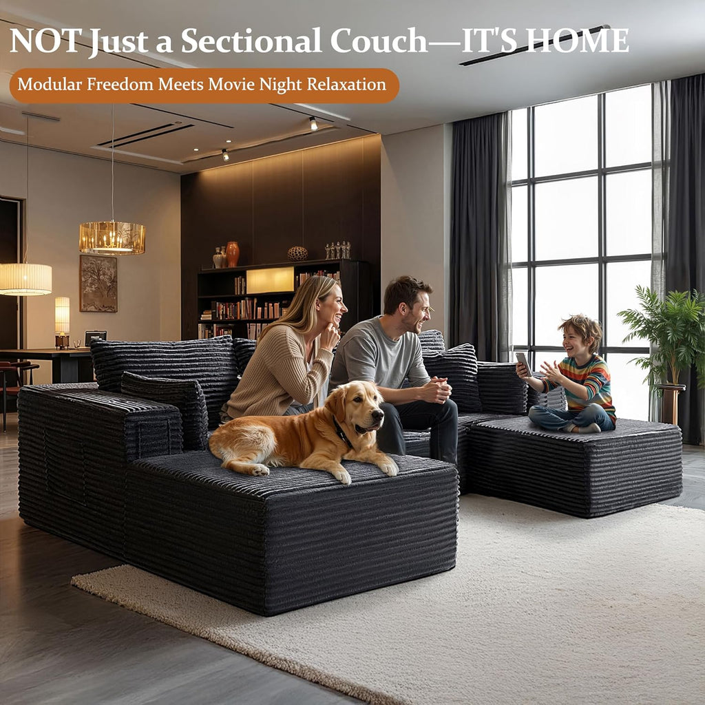 108" Oversized Cloud Sectional Couch, Comfort U Shaped Boneless Couch for Living Room, Extra Deep Seats No Assembly, Modular Sofa, Corduroy (Dark Grey, 2 Seater + Left Facing Chaise + Ottoman)
