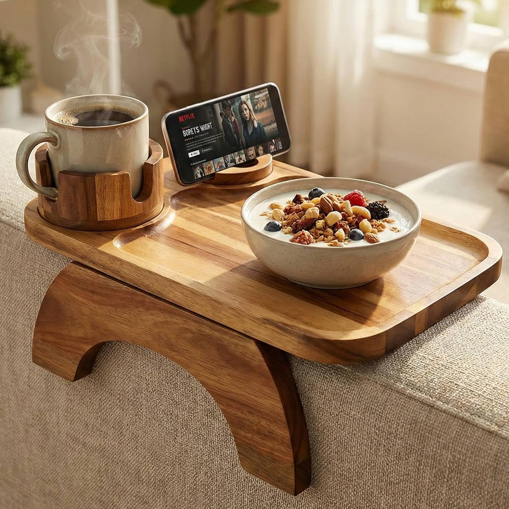 Couch Armrest Table, Acacia Wood Sofa Arm Tray with 360° Rotating Phone &...