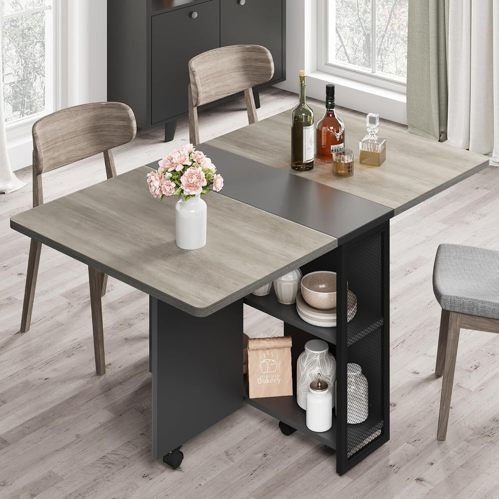 IDEALHOUSE FoldingTable, Drop Leaf Dining Table with 6 Wheels and 2-Layer Sto...