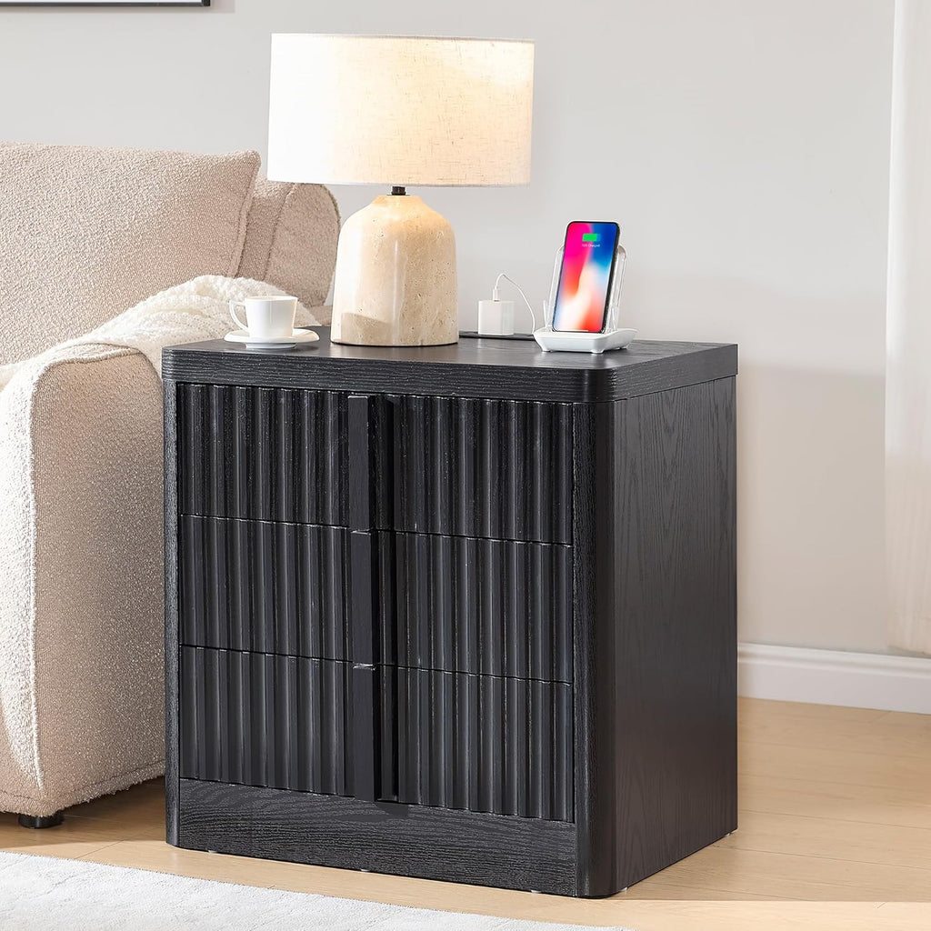 Black 23.6" Nightstand with Charging Station, Side Table with 3 Storage Drawers, Mid Century Modern Night Stand with Solid Wood Handle, Bedside End Table for Bedroom, Living Room, Closet