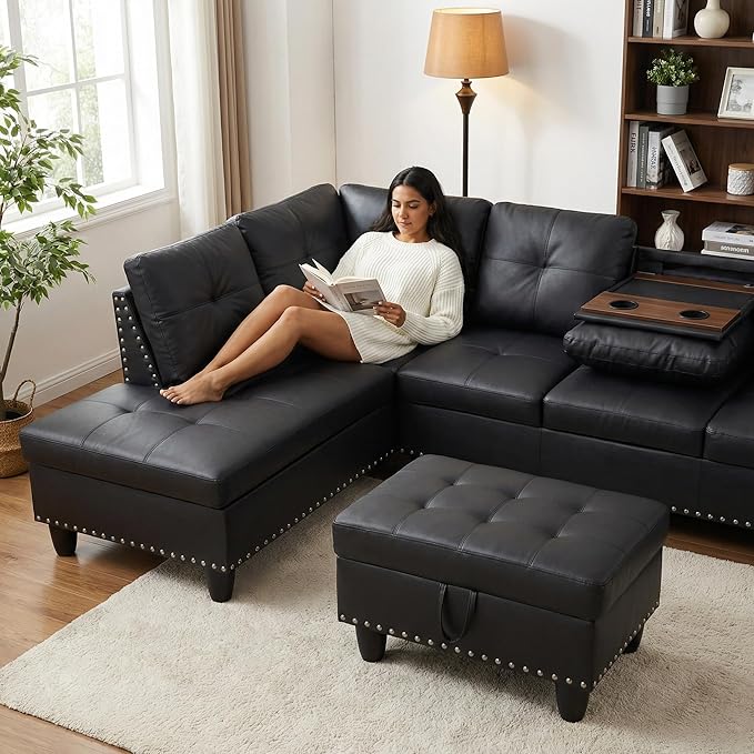 3-Piece L-Shaped Modular Leather Sofa – Convertible Sectional Couch with Movable Chaise & Storage Ottoman, Multi-Scene Use for Living Room, Apartment & Office, Black
