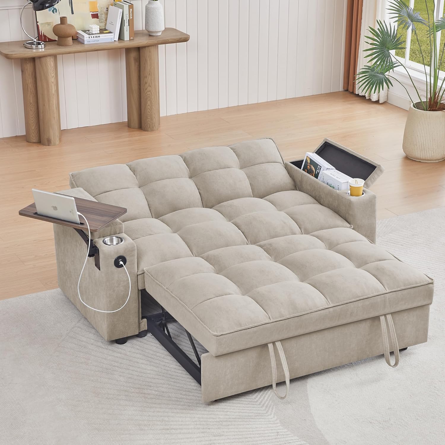 Auvsoce 65'' Convertible Sleeper Sofa Bed with Adjustable Backrest, Chaise Lounge, Side Table & USB/Type-C Ports – Stylish & Functional Addition to Any Living Room (Khaki)
