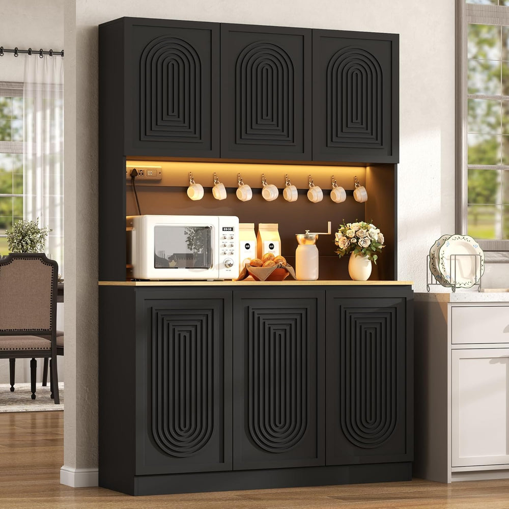 71" Black Kitchen Pantry with Power Outlet, Kitchen Hutch with LED Light...
