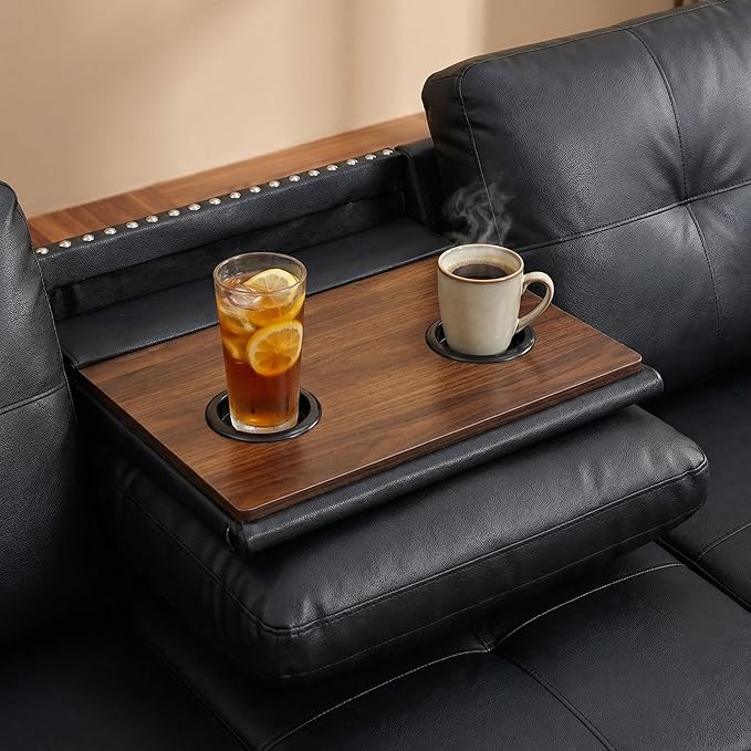 Sectional Couches for Living Room with Movable Chaise & Storage Ottoman - 97.5" Leather L Shaped Couches for Living Room Apartment, Home Modular Sectional Sofas with Cup Holder, Black