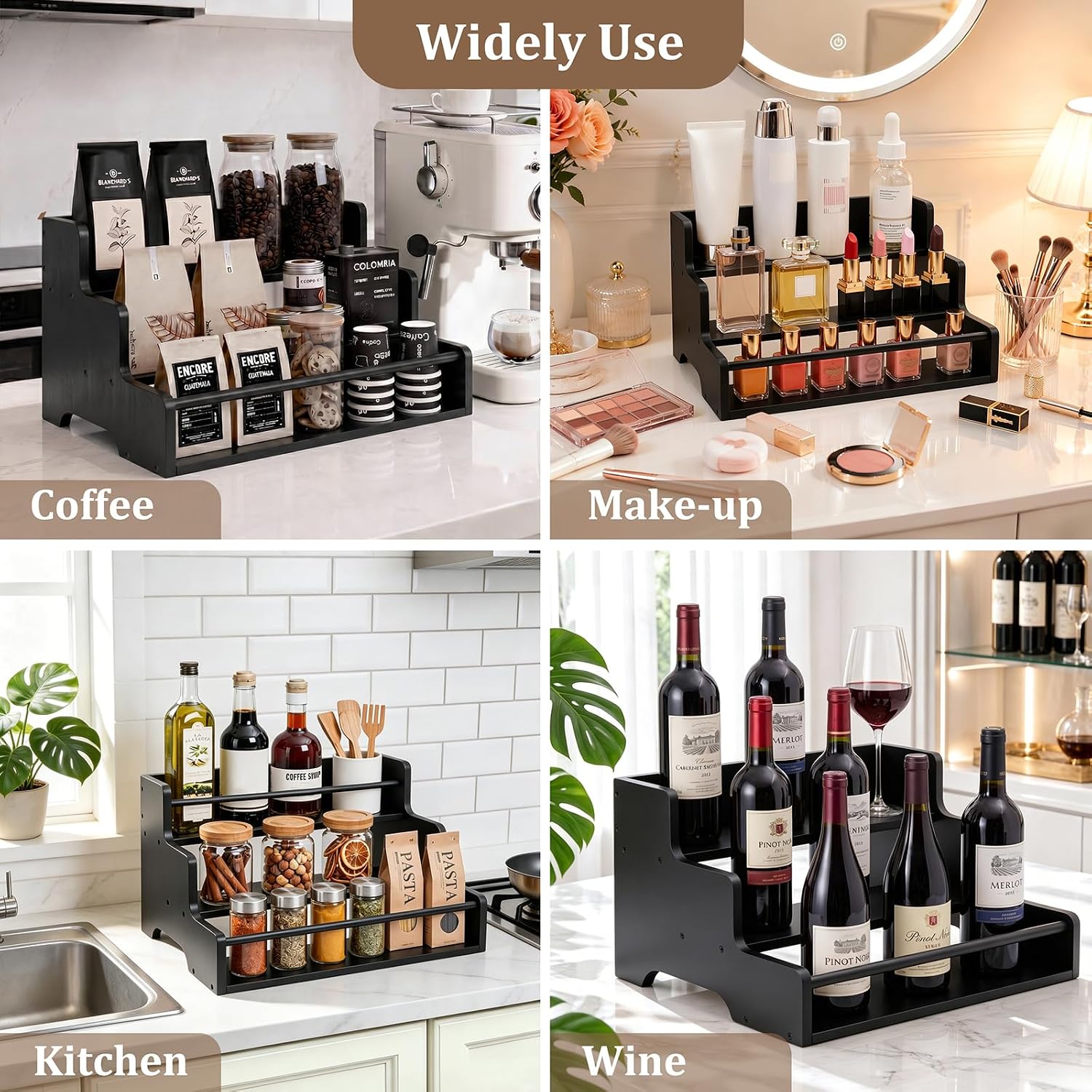 Mufico Bamboo Liquor Bottle Display Shelf with Handles & Guardrail, Black | 3 Step Tabletop Liquor Wine Racks, Coffee Syrup Rack for Mini Bar, Kitchen, Home Retro, Liquor Cabinet, Office, Spirits
