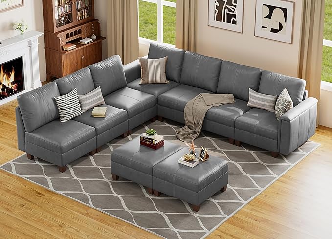 SITJOY 118" Faux Leather Modular Sectional Sofa with Storage, Mid Century Modern Sectional Couches for Living Room, Soft Padded Armrests, 9 Seat L Shaped Couch with Ottoman, Gray