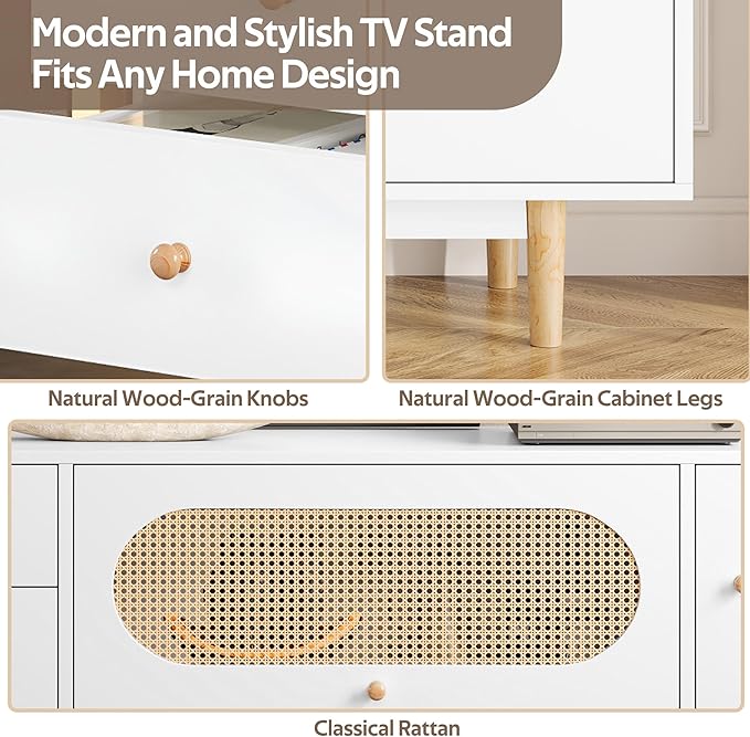 Marzzi Modern 70" TV Stand with Rattan Door, Mid-Century Boho Entertainment Center with Storage Cabinet & 2 Drawers, White Media Console with Cable Hole, Solid Wood Legs
