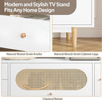 Marzzi Modern 70" TV Stand with Rattan Door, Mid-Century Boho Entertainment Center with Storage Cabinet & 2 Drawers, White Media Console with Cable Hole, Solid Wood Legs