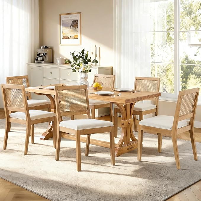 Rattan Dining Chairs Set of 6, French Country Cane Back Upholstered Kitchen Chairs, Solid Wood Farmhouse Side Chairs, Beige