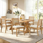 Rattan Dining Chairs Set of 6, French Country Cane Back Upholstered Kitchen Chairs, Solid Wood Farmhouse Side Chairs, Beige