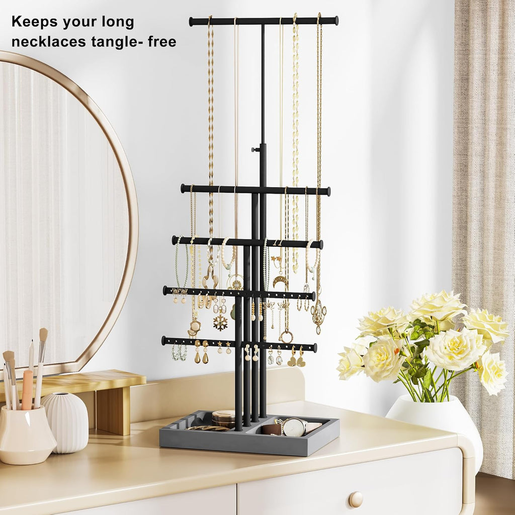 Love-KANKEI Jewelry Organizer Stand, 5 Tier Large Necklace Holder with Wood Base, Jewelry holder stand Tree for Display, Bracelets Earrings Rings, Height Adjustable Gift Weathered Grey