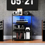 HOOBRO 4-Tier AV Media Stand, Media Console with Charging Station and LED Light, Wooden Stereo Cabinet, Corner TV Stand, Record Player, Entertainment Device Stand, Black BB42UDCJ01