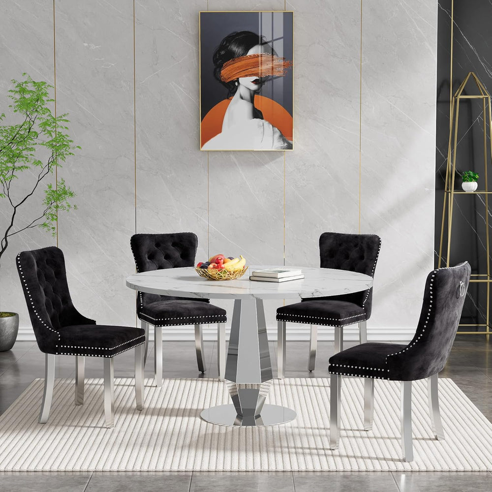 Henf Modern Round Dining Table for 4-6 White Silver 47" Faux Marble Kitc...