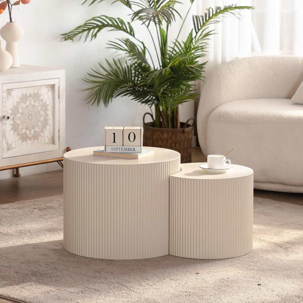 Round Wood Coffee Table Set od 2 for Small Space, Morden End Table, Fluted Si...