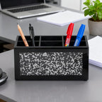 SHYFOY Remote Control Holder with 6 Compartments, Black Glass Desktop Organizer, Crystal Detail Design, 4.3x8.3x4 Inches, Multi-Purpose Storage Caddy for TV Remotes and Office Supplies