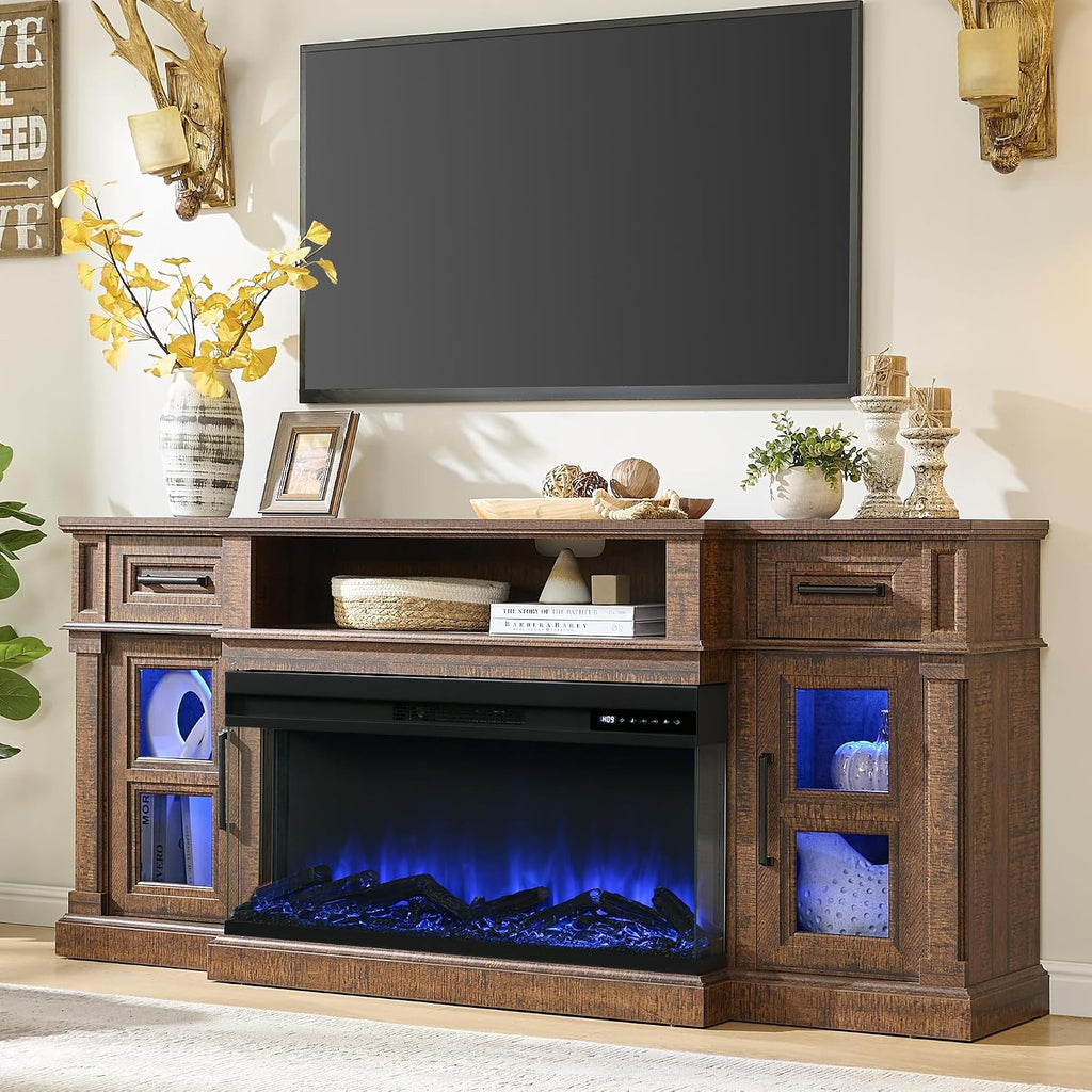 3-Side Fireplace TV Stand for up to 80 Inch TV, LED Entertainment Center with 36 Inch Electric Fireplace, Farmhouse TV Console Table w/Drawers & Cabinets for Living Room, Cherry