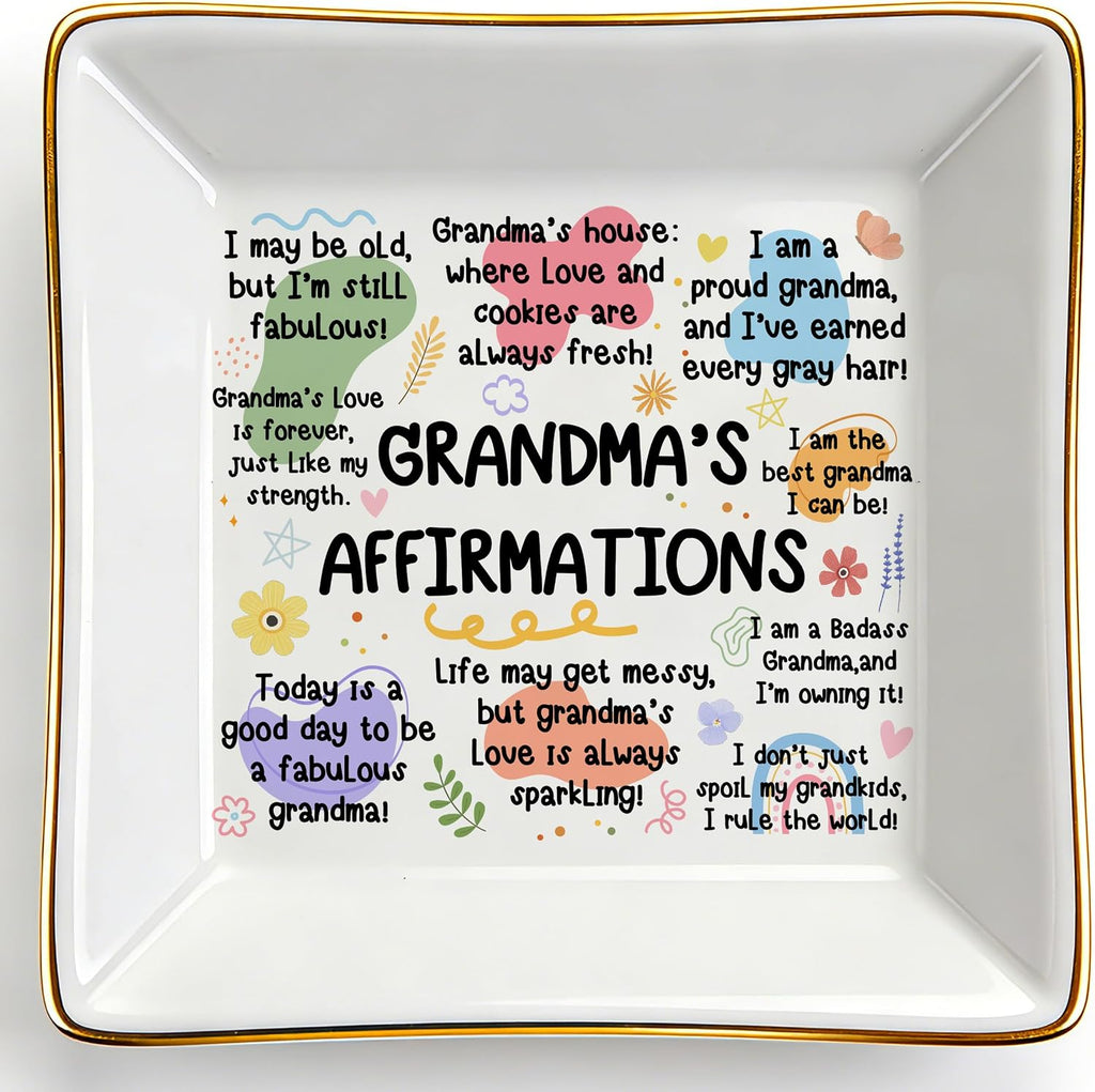 Grandma Gifts from Grandchildren, Funny Mothers Day Gifts for Grandma Nana Gigi, Ceramic Trinket Dish Birthday Gift for Grandmother, 4 Inch Square Ring Dish Jewelry Tray for Bedside Nightstand