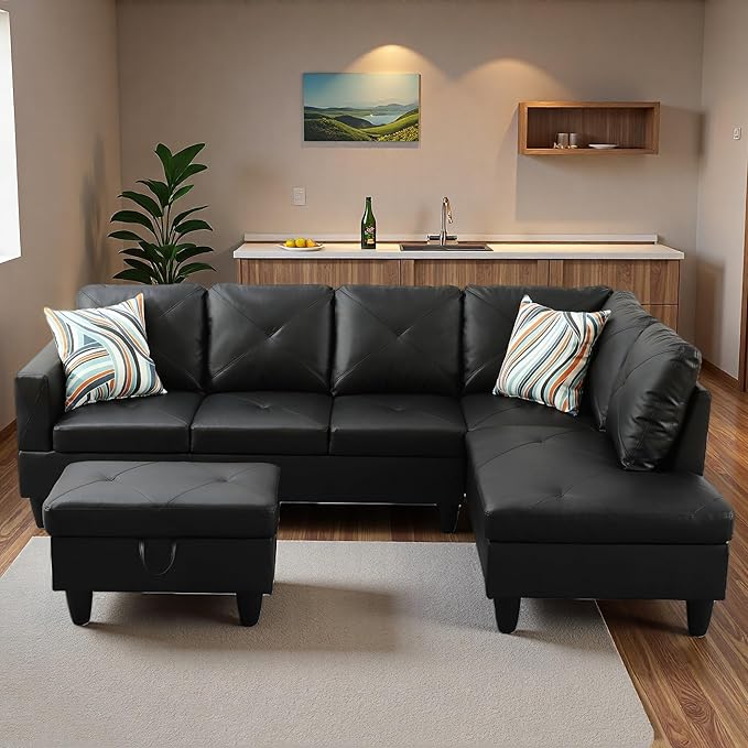 Sectional Couches for Living Room with Movable Chaise & Storage Ottoman - 97.5" Leather L Shaped Couches for Living Room Apartment, 4 Seat Home Furniture Modular Sectional Sofas, Black