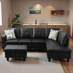 Sectional Couches for Living Room with Movable Chaise & Storage Ottoman - 97.5" Leather L Shaped Couches for Living Room Apartment, 4 Seat Home Furniture Modular Sectional Sofas, Black