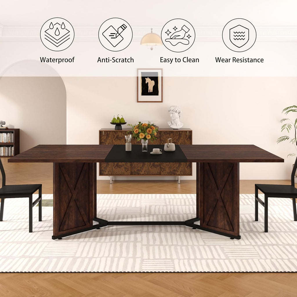 78.7 Inch Dining Table for 8 People, Large Rectangular Farmhouse Kitchen Table with Waterproof Wood Tabletop and Adjustable Leg for Kitchen Dining Room, Brown