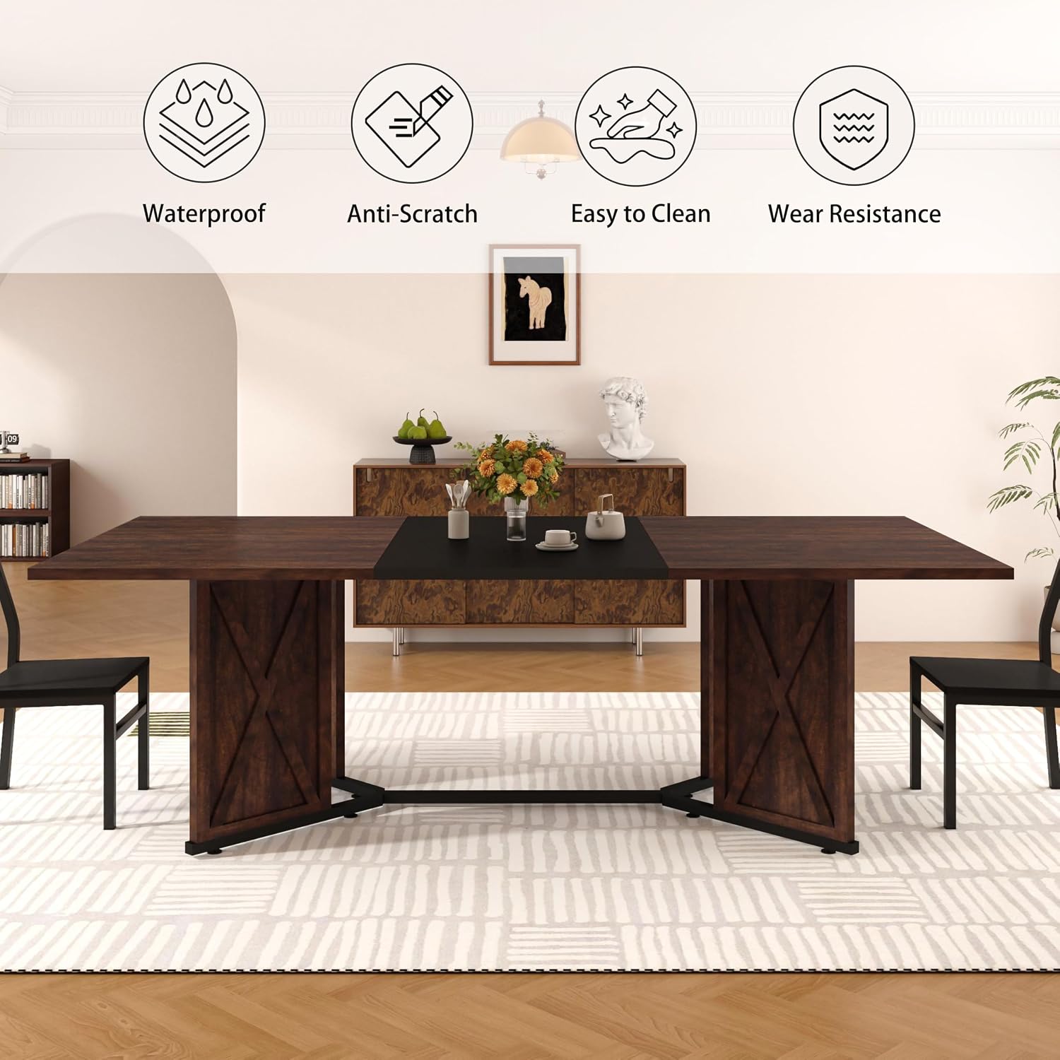 78.7 Inch Dining Table for 8 People, Large Rectangular Farmhouse Kitchen Table with Waterproof Wood Tabletop and Adjustable Leg for Kitchen Dining Room, Brown