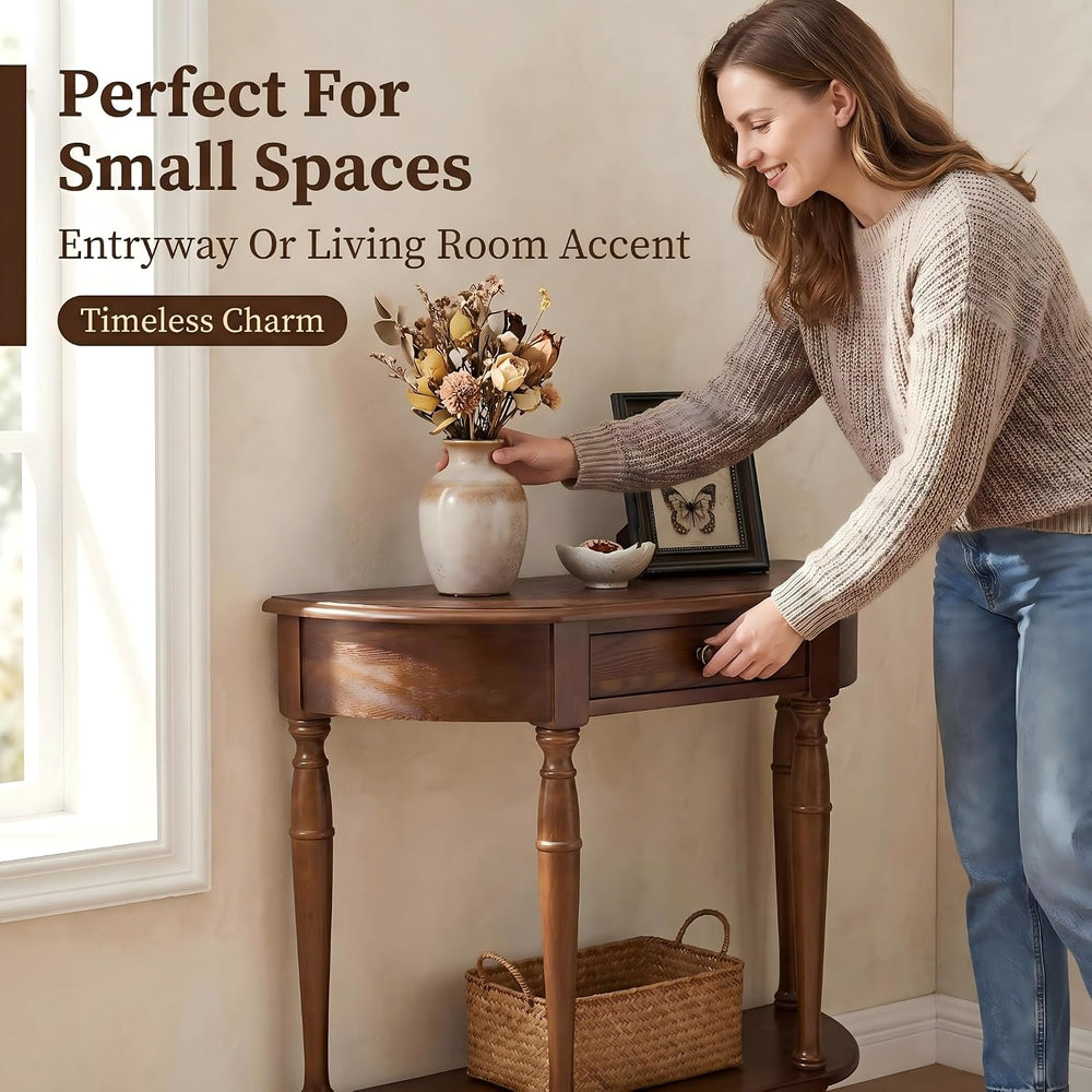 Solid Wood Console Table with Drawer, Half-Moon Porch Table Side Elegant Vint...