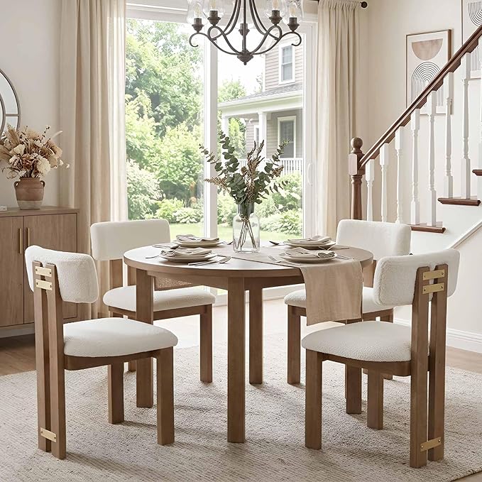 HNY Modern Farmhouse Boucle Dining Chairs Set of 4, White Sherpa Fabric Upholstered Dining Room Kitchen Chairs with Natural Wood Frame & Curved-Back, Armless Accent Wood Chairs for Dining Living Room