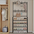Coat Rack Shoe Rack With Storage Shelf Freestanding with 8 Hooks for Entryway Bedroom Closet 4 Tier, Black