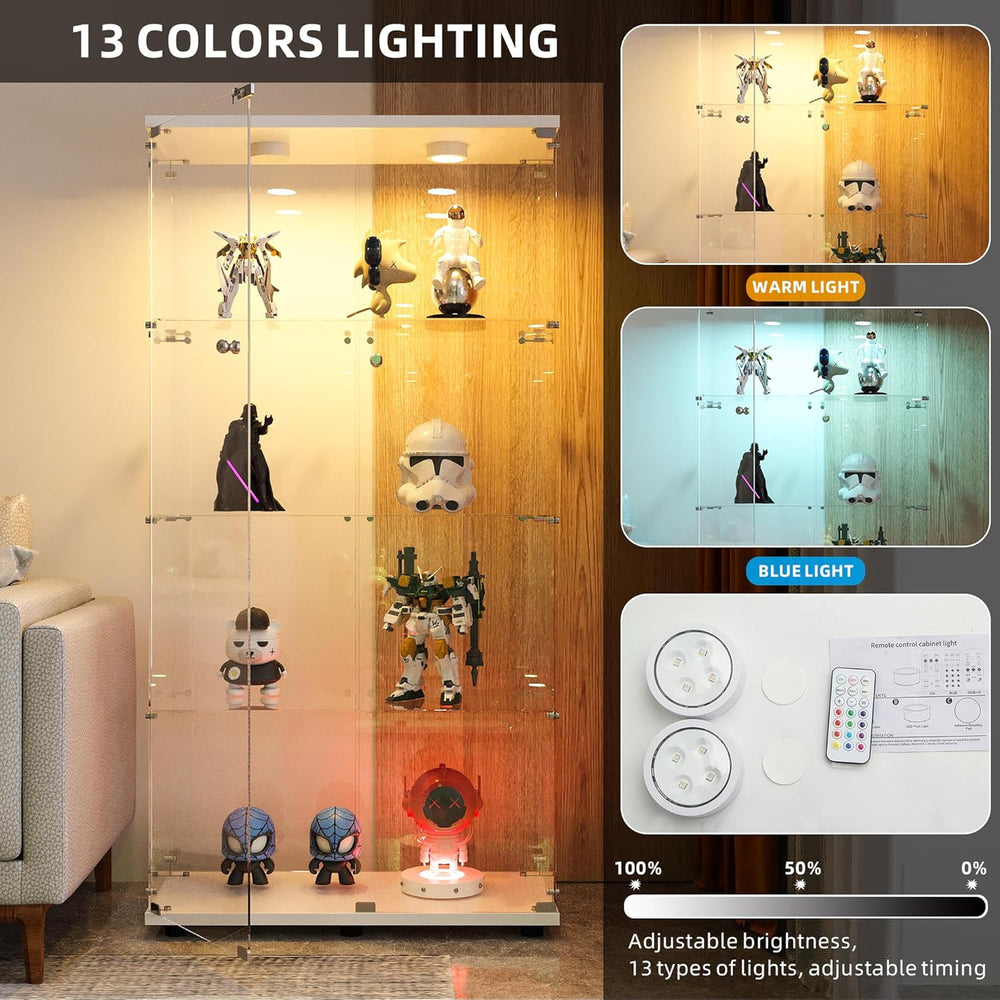 FANYUSHOW Display Cabinet with Glass Door and LED Light, 4-Tier Tempered Glas...