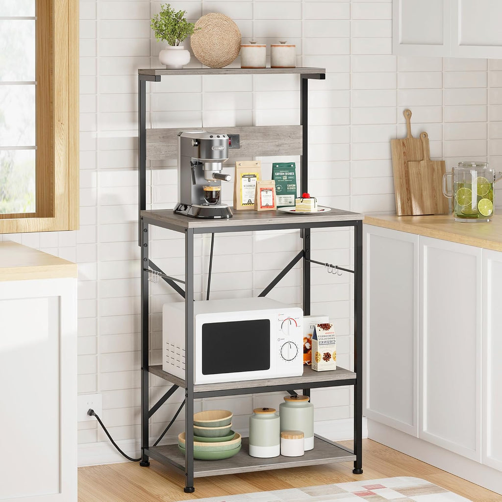 Kitchen Bakers Rack with Power Outlet, Microwave Stand with 6 S-Shaped Hooks, 4-Tier Coffee Bar Microwave Rack (Grey)