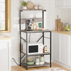 Kitchen Bakers Rack with Power Outlet, Microwave Stand with 6 S-Shaped Hooks, 4-Tier Coffee Bar Microwave Rack (Grey)