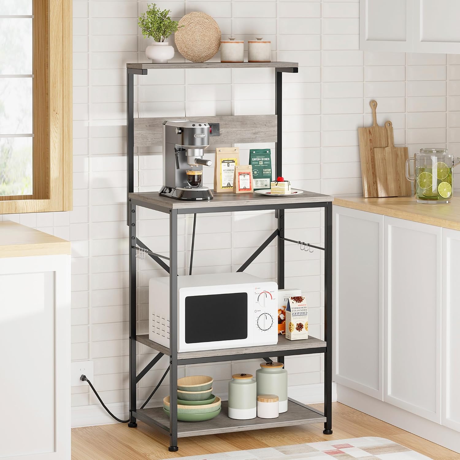 Kitchen Bakers Rack with Power Outlet, Microwave Stand with 6 S-Shaped Hooks, 4-Tier Coffee Bar Microwave Rack (Grey)