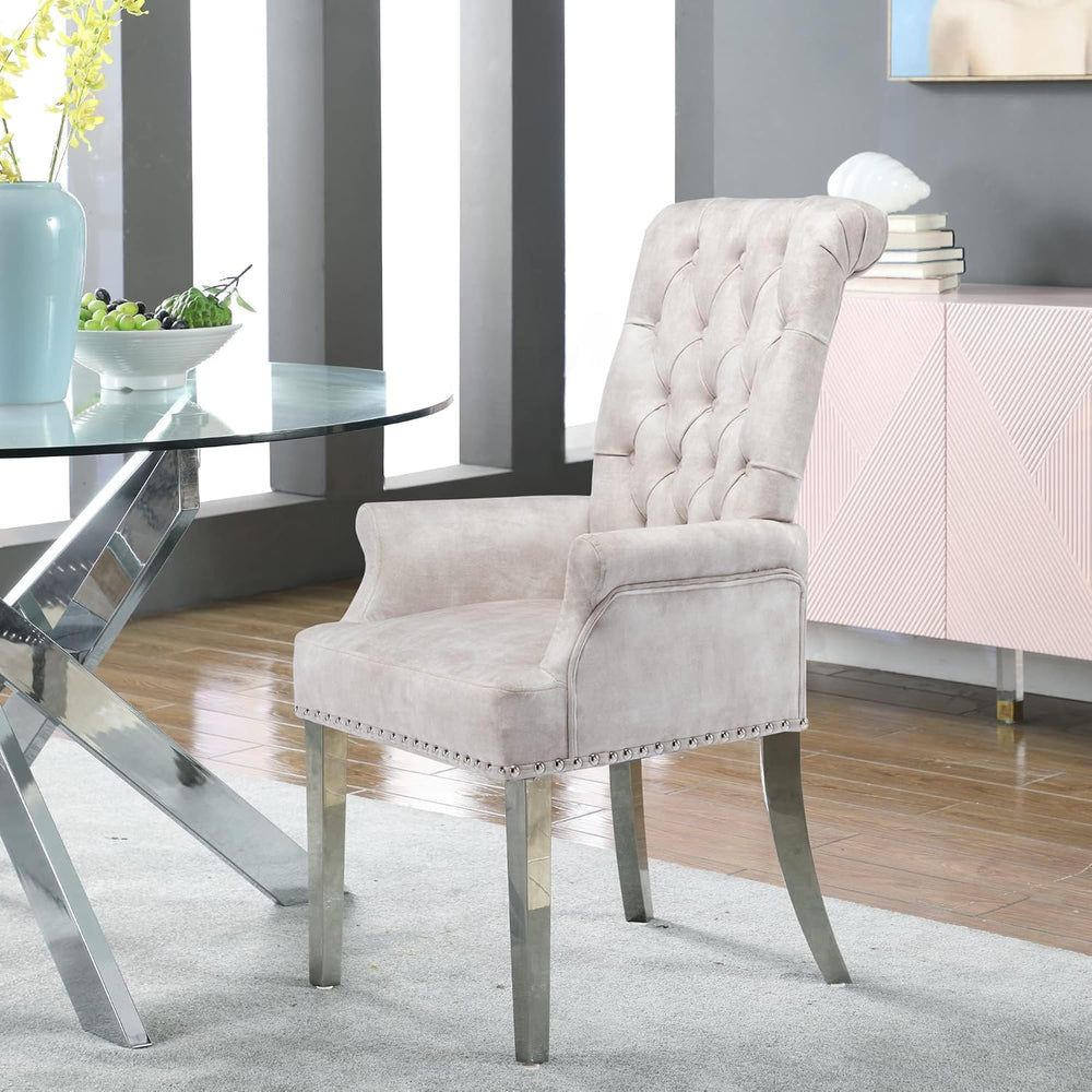 LOULENS Tufted Velvet Armrest Dining Chairs, Modern Upholstered Chairs with S...