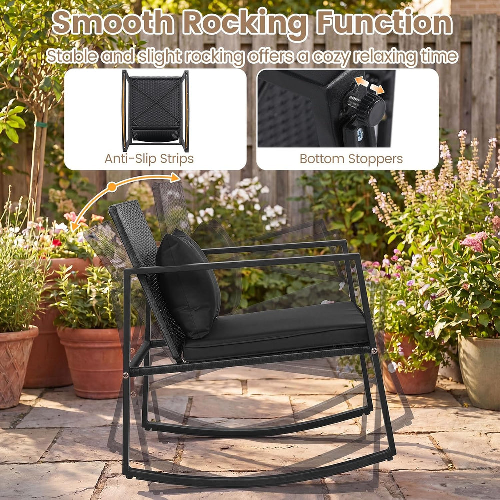 Tangkula 3 Pieces Outdoor Rocking Chairs Set, Rattan Heavy Duty Cushioned Roc...