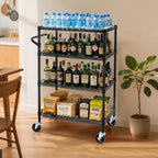 Finnhomy 4 Tier Heavy Duty Commercial Grade Rolling Cart with Handle Bar, Metal Wire Utility Cart with Wheels, Shelf Size 18" D x 30" W, NSF Listed, Black