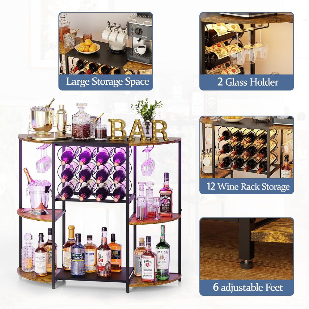 JKsmart Wine Bar Cart with LED Lights, Mini Wine Rack with Storage and Glass ...