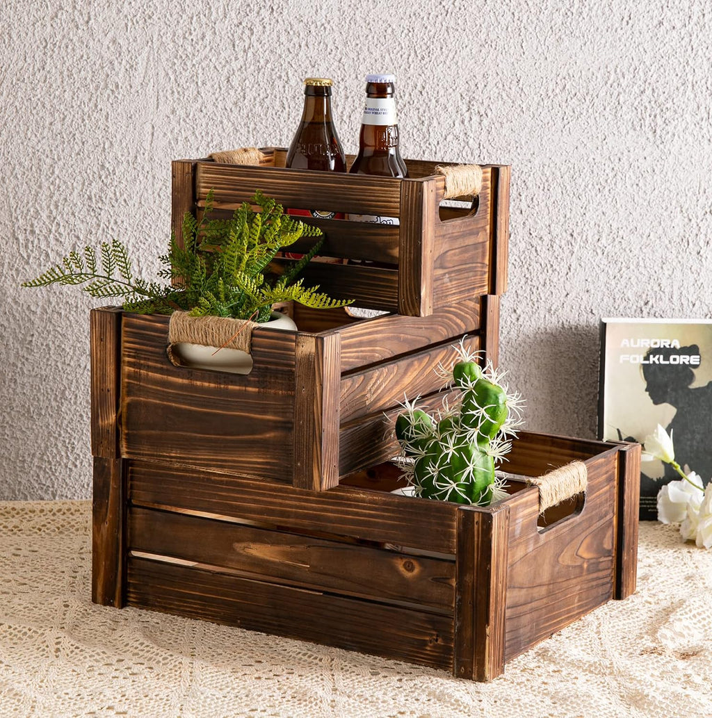 TIMRIS Set of 3 Rustic Wood Nesting Crates, Farmhouse Wooden Storage Container Boxes with Cutout Handles, Decorative Wooden Baskets for Display (Rustic Brown)