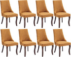 Dining Room Chairs Set of 8，Linen Channel Tufted Kitchen Dining Room Chair with Curved Solid Wood Legs, Comfortable Fabric Upholstered Dining Chair for Dining Room, (Gold 8pc)